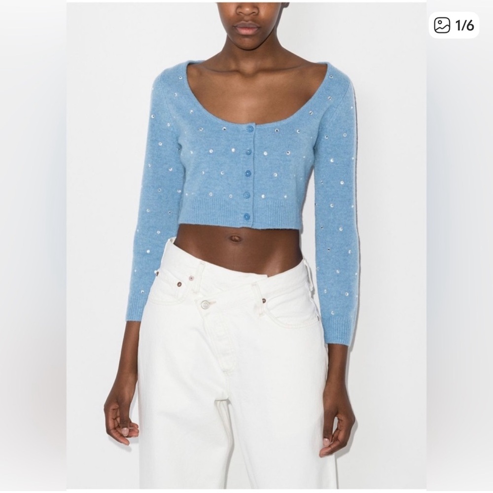 Reformation Nathalia 100% Wool Cropped Cardigan S Cornflower Blue Embellished